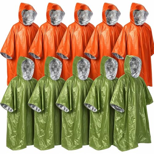 Bunnycool 10 Pack Emergency Poncho with Film Blanket, Green Orange