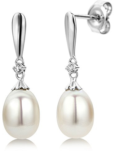 Miore Damen-Ohrringe 9 Karat – Edle Perlen Ohrringe aus 375 Weißgold mit weißer Süßwasserzuchtperle und 0,02 ct. Diamant – Hängend 7 x 22 mm