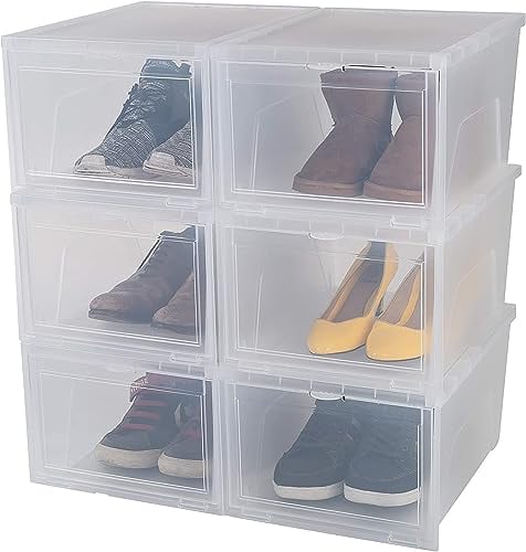 Iris Ohyama Transparente Schuhaufbewahrungsboxen, für Größen bis 46, L36 x H20 cm, Set mit 6, Praktisches Möbel, stapelbar, Frontöffnung, Behälter mit Deckel, EUNS