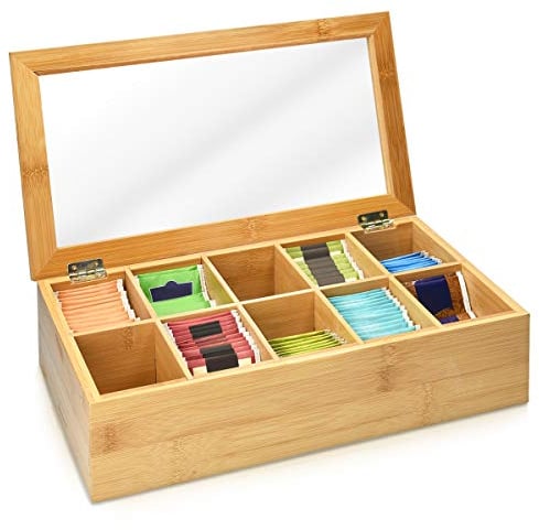 Navaris Contenitore Porta Tè e Tisane - Scatola 10 Scomparti in Legno di Bambù 36x20x9cm - Espositore con Coperchio Trasparente per Bustine e Foglie