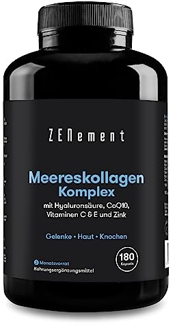 Meereskollagen Komplex, mit Hyaluronsäure, CoQ10, Vitaminen C & E und Zink, 180 Kapseln | Nahrungsergänzungsmittel für Gelenke, Haut und Knochen | ohne konservierungsstoffen | Zenement