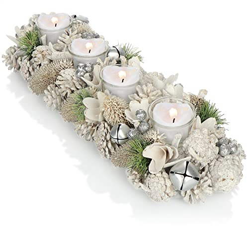 COM-FOUR® Adventskranz länglich, Kerzenständer Weihnachten für 4 Kerzen, Kerzenhalter, Adventsgesteck, XL Adventskerzenhalter, Kerzenleiste als Tischdeko (Adventsgesteck - 4 Kerzen)