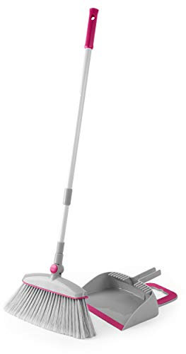 Kleeneze KL068392EU7 Long Handled Dustpan and Brush - Extendable Handle, Dustpan with Footstep & Scraper Lip, Strong Bristles, 180 ° Swivel Head Broom, Dustpan Teeth to Clean Brush Head, Scratch Free