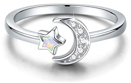 Opal Ring 925 Sterling Silber Mond Stern Verstellbare Ringe für Damen Zirkonia Cresent Moon Offener Ring Schmuck Geschenk für Mama Großmutter Freundin