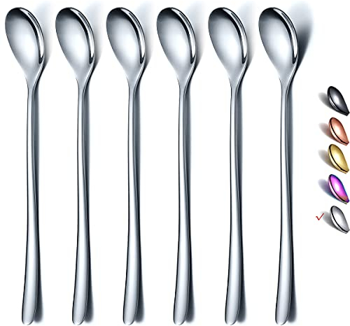 HOMQUEN Cuchara De Mango Largo, Agitador De Café, Cuchara De Café De Acero Inoxidable Premium, Cuchara De Té Helado, Cuchara De Helado, Cuchara Agitadora De Cóctel, Juego De 6 (Plata)