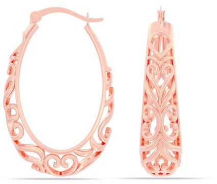 LeCalla 925 Sterling Silver Hoop Earrings Italian 14K Rose-Gold Plated Oval Filigree Hoops Earring Click-Top Lightweight Jewelry for Women - 32MM