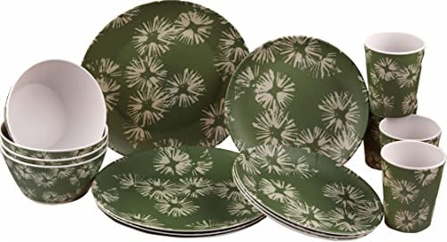 Melamine Plastic Dinner Set - Green Flower Design Plate Cup Bowl (16 Piece Set)