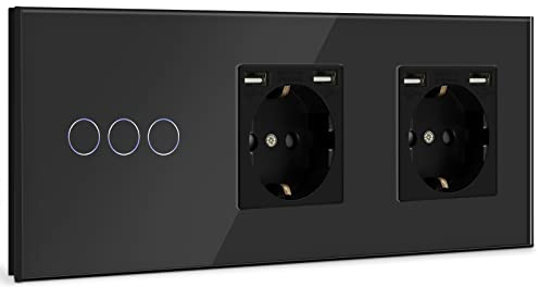BSEED Touch Lichtschalter mit USB Steckdose Anschluss (Max. 2.1A) 3 Fach 1 Weg Wandschalter mit doppelten Steckdosen Unterputz Touchscreen-schalter mit Glasrahmen 228mm Schwarz 500W