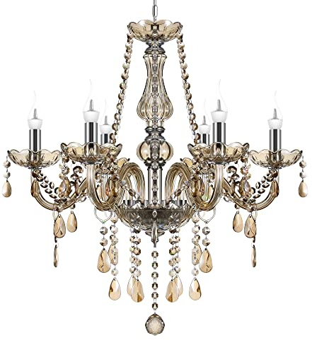 TRY-YEAN Lampada a 6 Braccia Vintage Lampadario in Cristallo Sospensione Cognac 58cm E14 Plafoniera LED Soffitto K5 con Catena Regolabile per Camera da Letto, Soggiorno, Sala da Pranzo, Corridoio