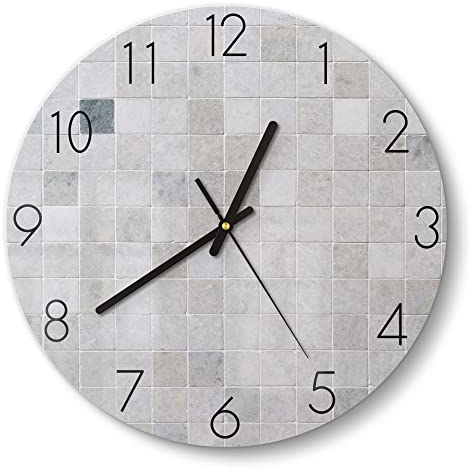 DEQORI Glasuhr | rund Ø 30 cm | Motiv Fliesenwand aus Keramik | ausgefallene leise Design Uhr aus Glas | Wanduhr für Wohnzimmer & Küche | Moderne Hingucker Uhr für die Wand