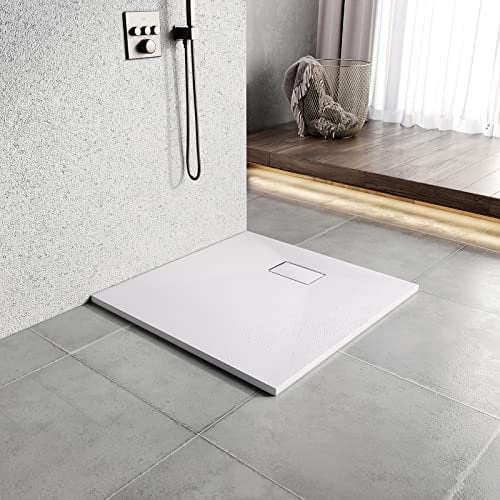 Heilmetz Plato de ducha 90x90x2,6cm Plato de ducha de cristal efecto piedra-ReSine SMC, Plato de ducha con desagüe incluido, para mamparas de ducha, Blanco