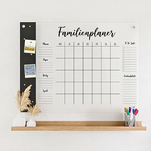 Wunsch Kalender - personalisierter Wandkalender - 4-Namen Familienplaner mit Magnetboard - wiederverwendbarer Kalender aus Acrylglas - Familienplaner abwischbar - Hingucker für jeden Raum