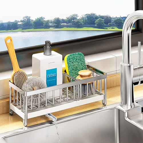 Kitstorack Soporte Esponja Fregadero, Soporte Estropajo Fregadero de Cocina, Organizador de Fregadero con Bandeja de Goteo Extraíble y Drenaje para Encimera, Organizador de Lavado (Plateado)