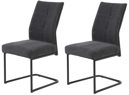 Hela Tische, 2er Set Esszimmerstuhl, Schwingstuhl Dagmar, XL Sitzbreite, Komfortsitz Federkorb, Cordstoff anthrazit, Metallgestell schwarz, 140kg belastbar