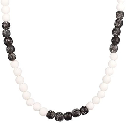 Kuzzoi Buddha Herren Halskette aus recycelten Glas Perlen (7-10 mm) in weiß und Schwarz mit Bead Elementen aus 925 Silber Surferkette für Männer Länge ca. 50 cm