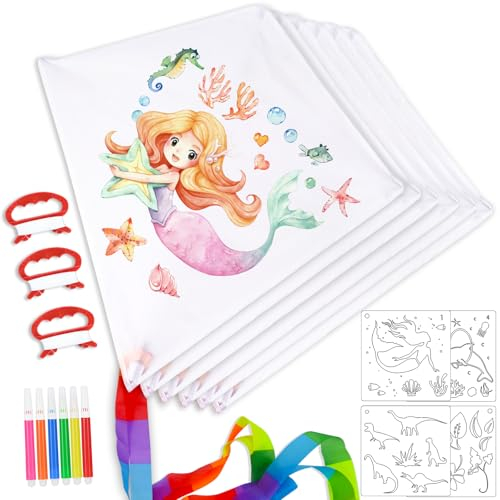 FORMIZON Kinder Drachen Set, DIY Bastel Gestalten Sie Selbst, Flugdrachen Einleiner 50 * 60 cm, Mit 30M Drachenschnur, Outdoor Spiel für Jungen Mädchen Delta Drachen (6 Stück)