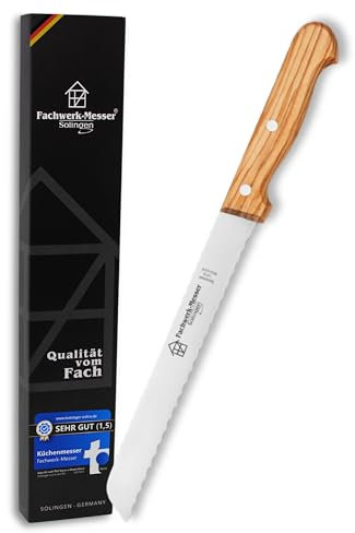 Fachwerk-Messer Brotmesser Olivenholz aus Solingen/Germany - Testsieger - Extra Scharfer Wellenschliff - 20 cm Klinge Rostfrei Edelstahl Holzgriff
