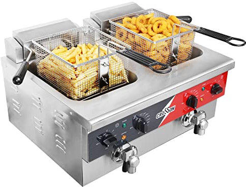 CROSSON Elektrische Fritteuse mit zwei Tanks, Abfluss, festem Korb und Deckel für den Restaurant- und Heimgebrauch 230 V, 6000 W kommerzielle Fritteuse aus Edelstahll (EF 6v-2)