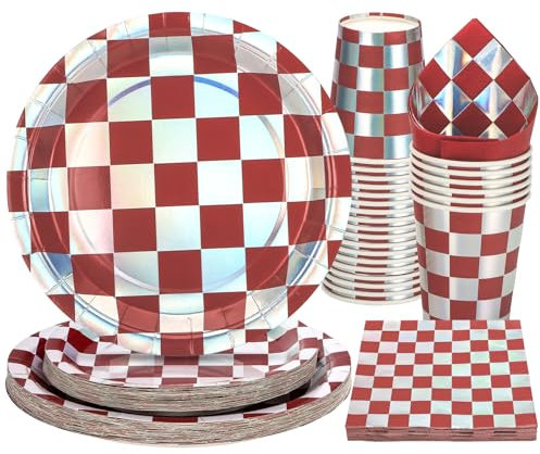 PARTY GO 96pcs Red White Checkerboard Racing Car Themed Party Tableware Set with Paper Plates Cups Napkins for Birthday Party Decor