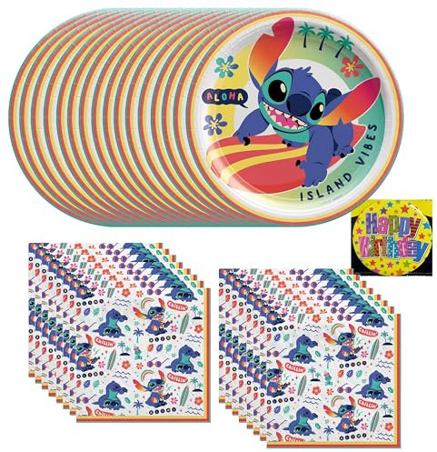 Amscan Stitch 9 Round Plates and Luncheon Napkins Serves 6 |Officially Licensed |Includes Happy Birthday Button | Bundle of 3 Items