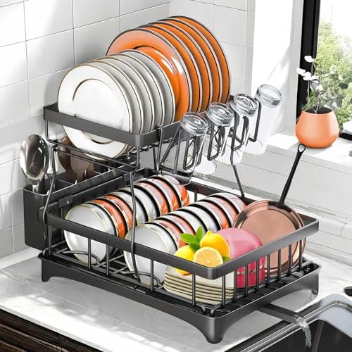 Raine Dish Drainer Rack, 2 Tier Dish Drying Rack with Drip Tray Removable Large Capacity Dish Draining Shelf with Utensil Holder, Cup Rack, Plate Rack, Swivel Drainage Spout for Kitchen Counter, Black