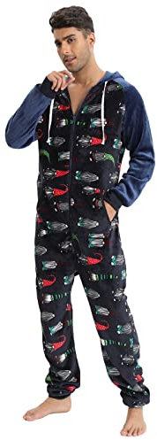 DUHENWU Tuta natalizia da uomo, in flanella, con cappuccio, con chiusura lampo, set di pigiama di Natale, tuta da notte, tuta da casa, alla moda, stampata, O blu navy, XL