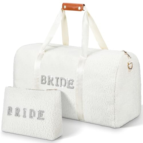 Cosblank 2 Pcs Bride Travel Bag Bridal Shower Gifts Wool Plush Bride Weekender Bag with Shoes Compartment Shoulder Pearl Rhinestone Patch Makeup Gift for Wedding Engagement Honeymoon