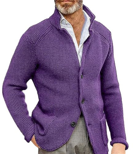 VYLYNL Cardigan da uomo con colletto alla coreana, lavorato a maglia, maglione in lana grossa, maglione spesso e caldo, tinta unita, vestibilità aderente, giacca casual invernale con tasca, Viola, 4XL