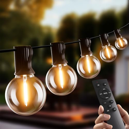 Yuucio G40 Outdoor String Lights Dimmable 50FT, 15M LED Festoon Lights with Remote Control Mains Powered with 25+1 Shatterproof G40 Plastic Bulbs, Waterproof Garden Light for Balcony, Bistro, Wedding