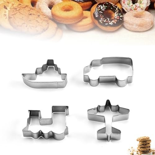 4 Stück Edelstahl Ausstechform Set, Plätzchenausstecher Keksausstecher Kinder Ausstechformen, Flugzeuge, Schiffe, Autos Ausstechform, Kinder Backen Fondant Torten