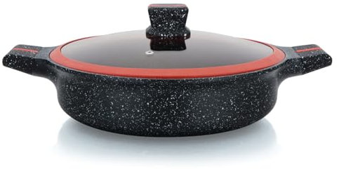 Herzberg,HGRSSLW28, Casseruola bassa in granito con coperchio in vetro, Ideale per Cucina Sana, Resistente ai Graffi, Facile da Pulire, 28 cm, colore: Rosso e Nero