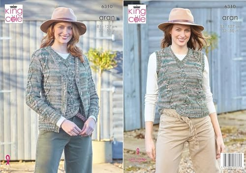 King Cole Aran Knitting Pattern Pamphlet - 6310 Ladies Tank & Cardigan (Two Designs) 32-50ins