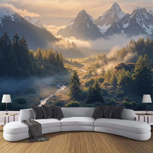 DACRWEKZ Wallpaper Dark Green Stick on Wallpaper Rivers and Mountains Natural Scenery for Bedroom Living Room Feature Wall 450 x 315 cm