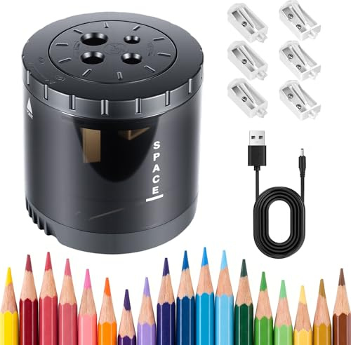 Temperamatite Elettrico Portatile, Temperino Elettrico,Temperino con 2 Taglie e 6 Lame di Ricambio, per Matite 6-12mm, Temperino con Serbatoio, Alimentato a Batteria/USB,per Scuola,Aula,Ufficio,Casa