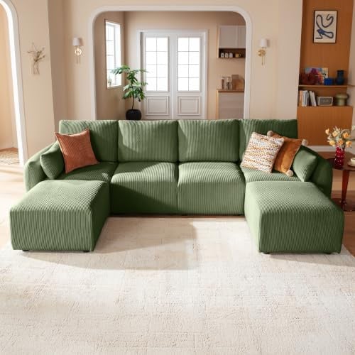 JINOVIA Modulares Wohnlandschaft Ecksofa 324cm, modernes Cord-Schlafsofa in U-Form mit Hocker, individuell konfigurierbare Couch, hochdichter Memory-Schaum, abnehmbare & waschbare Kissenbezüge, Grün