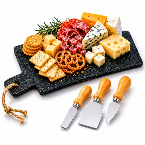 VICEMA Tabla de Cocina de Pizarra para Cortar y Servir Quesos, Patés, Embutidos, Carnes, Pescados y Dulces, Incluye 3 Cuchillos de Acero Inoxidable con Mango de Madera