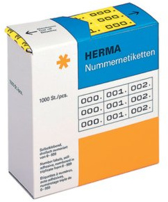 HERMA Number Labels 0-999, Triple, 3000 Pieces, 22 x 10 mm, Self-Adhesive, Matte, Triple Sequential Paper Number Labels, Asset Numbers in Dispenser Box, Yellow