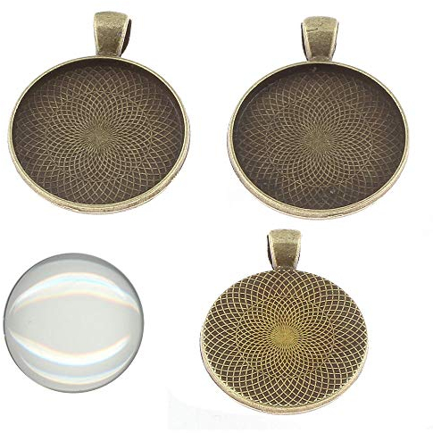 Perlin 6 Set Medaillons Bronze Metall Anhänger Fassungen und 20mm Rund Klar Glas Cabochon, Fassung Rahmen Super Optik Bastelset (Bronze)