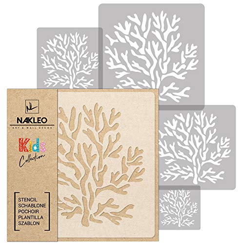 NAKLEO Schablonen Malen für Kinder, 5 Stück Set 9x9 bis 34x34cm Meer Koralle, Wiederverwendbare Kunstoff Kinderzimmer Malvorlage Raumdekoration, Basteln DIY Wand Möbel Papier