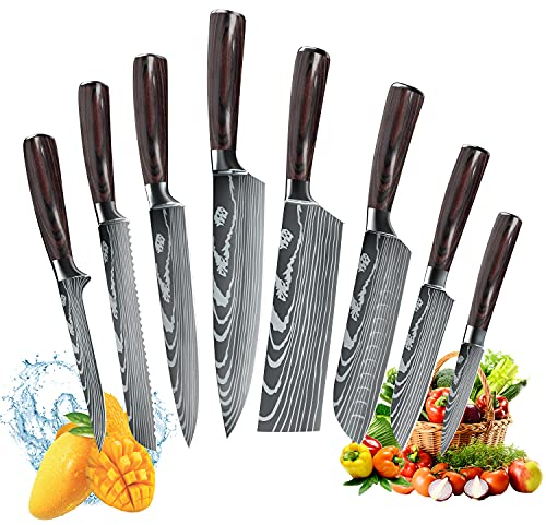 ZENG Set di Coltelli da Chef 8 Pezzi, Coltelli da Cucina Tedeschi Affilati Professionali in Acciaio Inossidabile con Manici Ergonomici in Pakkawood