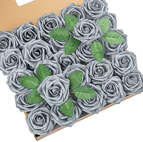 DuHouse 25Pcs Artificial Roses Flowers Fake Rose with Stems Real Touch Foam Flower Head for DIY Wedding Bridal Bouquet Baby Shower Centerpiece Floral Arrangement Party Home Decor(Silver Grey)