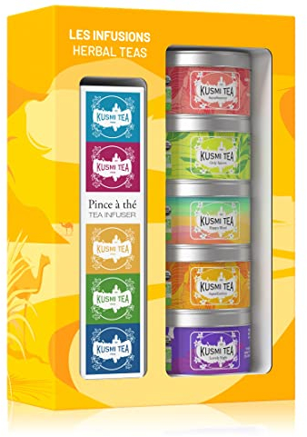 Kusmi Tea - Coffret Les Infusions + Pince à Thé - Assortiment de Thés Bio - Idée Cadeau Homme et Femme - Infusions, Tisanes Aromatisées - Notes de Fruits, d'Épices et de Gingembre - 5 Boîtes de 25g