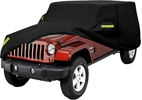 Autoabdeckung, wasserdichte Autoabdeckung Kompatibel mit Jeep Wrangler 4 Tür, Anti-UV Auto Abdeckplane für Wrangler CJ,YJ, TJ & JK, 210D Auto Vollgarage Autoplane Autohülle (4 Tür)