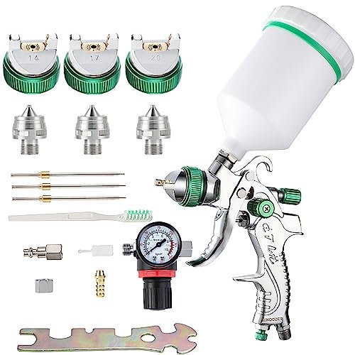 ENDOZER Pistola a spruzzo professionale HVLP con alimentazione a gravità ad aria con ugelli da 1,4, 1,7, 2,0 mm, 600 cc con manometro per vernice auto, primer, trasparente, top coat e ritocco