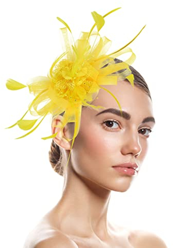 Fascinator Damen Kopfschmuck Hochzeit Hüte Hat Clip Schleier Stirnband Mesh Tea Party Kopfbedeckung Blumen Mesh Federn Clip Haarschmuck für Kirche Halloween Cocktail Club Gelb