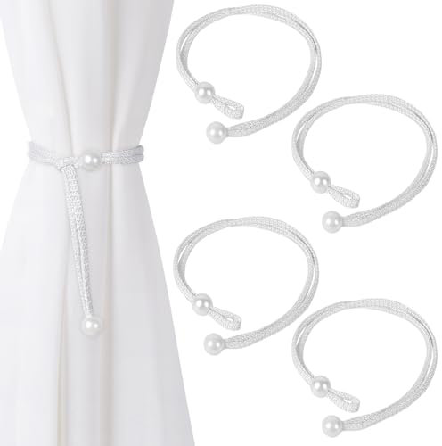 Dalababa 4 Pièces Embrasse pour Rideaux, Corde pour Attaches de Rideaux en Perles, Polyester Retenues de Draperie pour la Décoration de la Maison (Blanc)