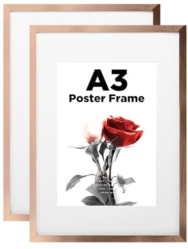 Egofine Lot de 2 cadres photo A3 en bois avec verre acrylique - Cadre en MDF - Passe-partout pour photos A4 - Cadre pour certificats - Pour montage sur table et mural - 29,7 x 43 cm - Or rose