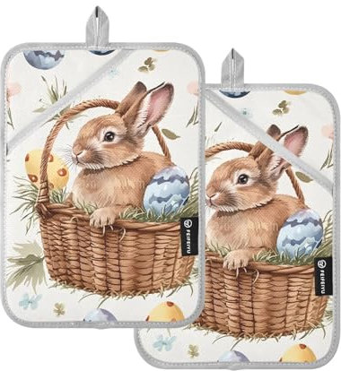 Set di presine con coniglietti pasquali e uova, resistenti al calore, set di presine morbide, per cucina, forno e barbecue, confezione da 2