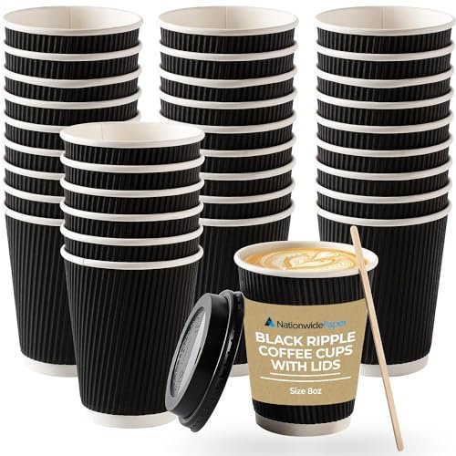 Nationwide Paper 200 X 8oz / 240ml Kraft Triple Walled Disposable Paper Ripple Cups Coffee Tea Cup Disposable Hot Drink Cups + 200 X LIDS