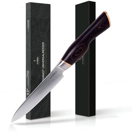 NYORD Damast Universalmesser, Kochmesser mit ultrascharfer Damastklinge, Allzweckmesser mit ergonomischem Pakkaholz Griff, Schälmesser aus 67 Lagen Damaststahl, Damastmesser mit 12 cm Klingenlänge